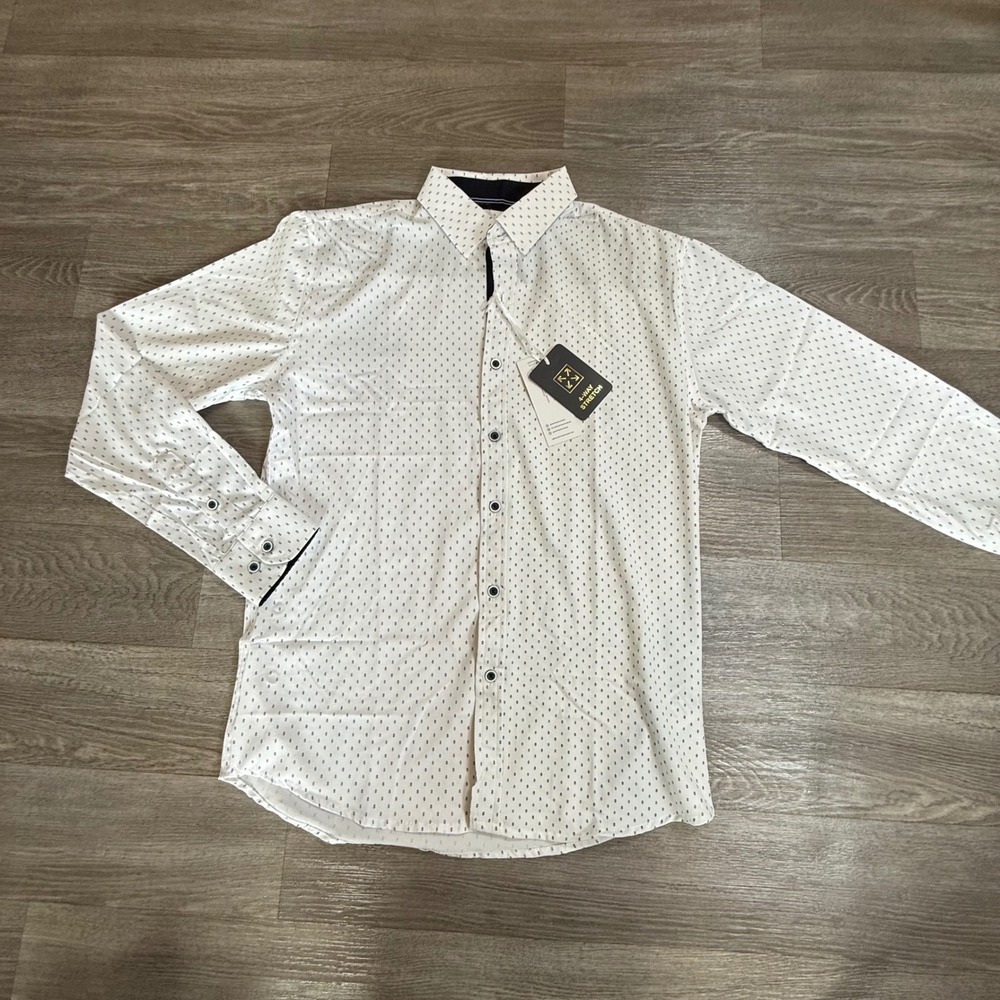 Craft + Flow Mens Small White Geometric Print 4-Way Stretch Button  Shirt NEW